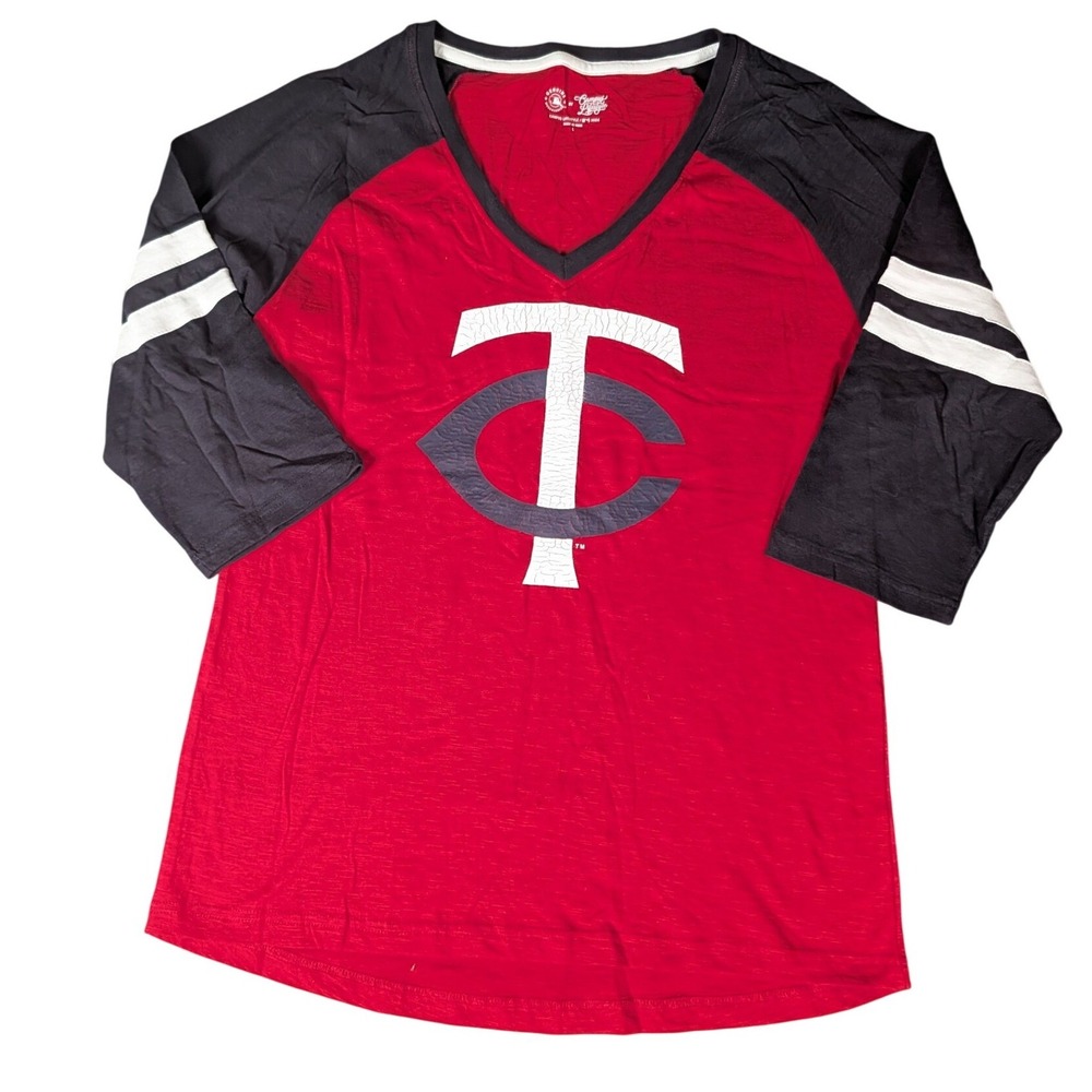 Minnesota Twins Campus Lifestyle Red Navy 3/4 Sleeve V-Neck Raglan Tee Shirt
